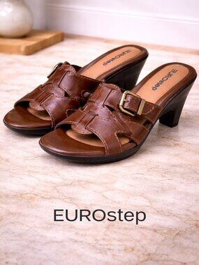 Eurostep Brown Leather Slip-On Sandals Size 8 Open Toe Buckle Casual Comfrot
